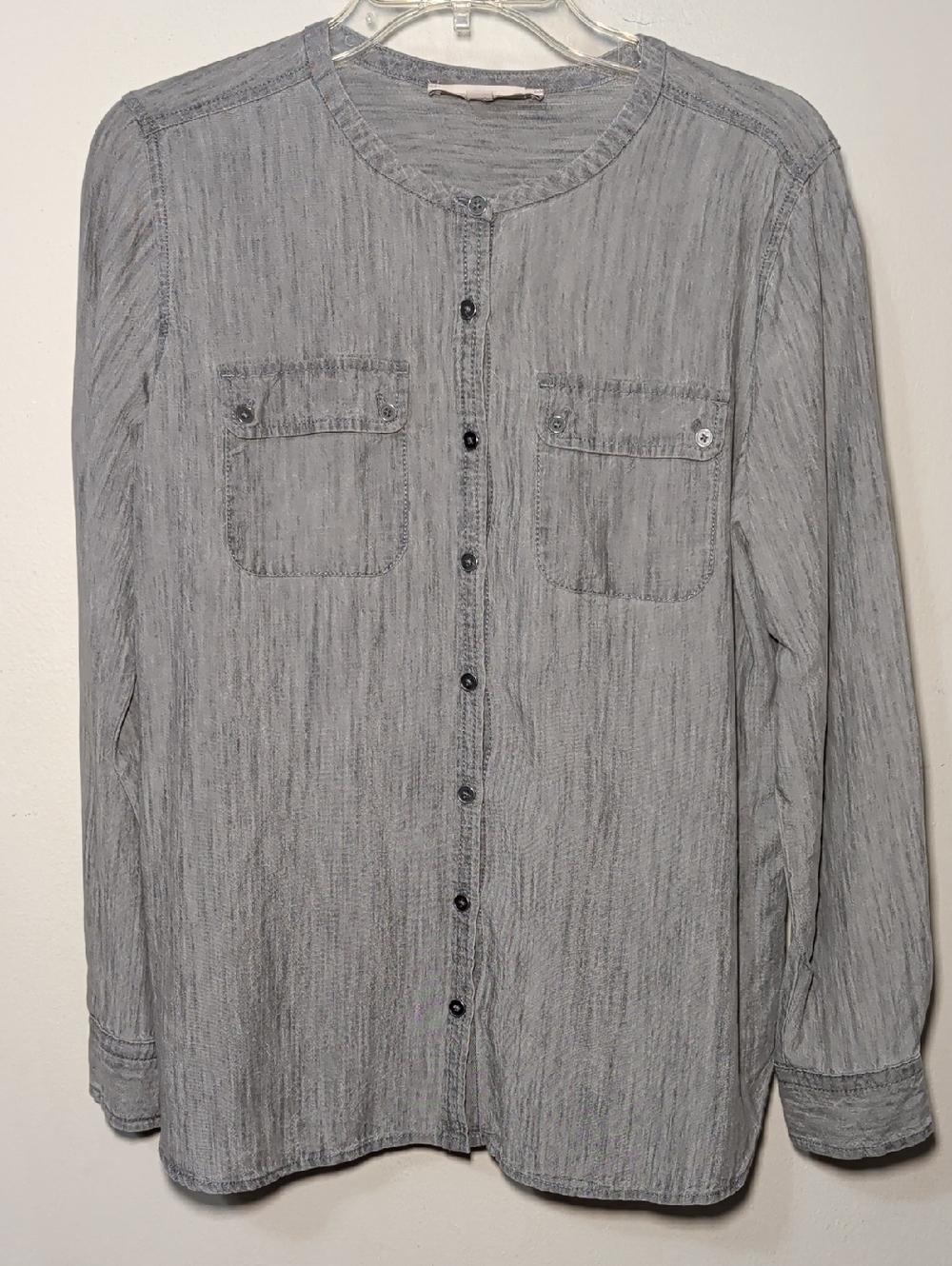 LOFT Gray Button-Up Shirt Linen Blend Patch Pocket Minimalist Women's Size LP